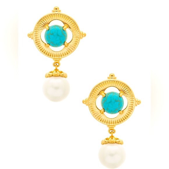 14K Gold w/ Turquoise Accent & Pearl Drop Statement Earrings - Picture 1 of 2